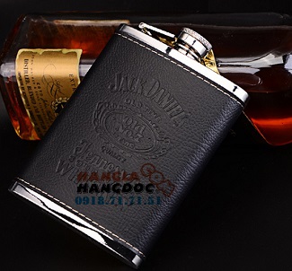 Bình inox đựng rượu mini 7oz bao da logo Jack Daniels