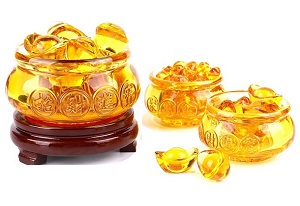 Combo Hũ vàng đựng tài lộc (8cm) & 03 thỏi vàng (4cm) phong thủy