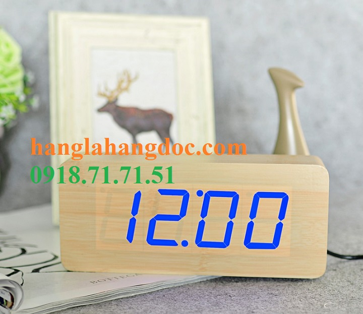 Đồng hồ cục gỗ Zhangjin hình chữ nhật (cỡ đại) led xanh lá/dương