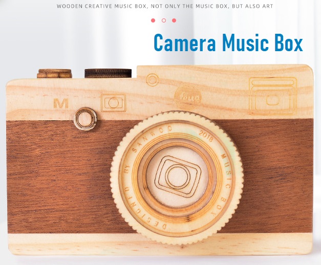 Hộp nhạc gỗ xoan máy chụp hình lên dây cót độc đáo CAM12
