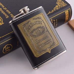 Bình Hip Flask 7oz đựng rượu bọc da, logo Jack Daniel's