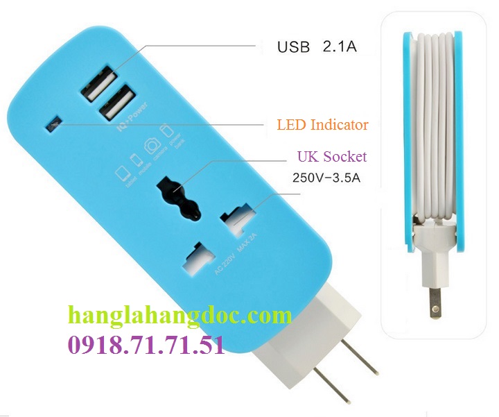 Ổ cắm du lịch nối dài 02 cổng usb sạc