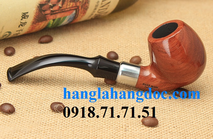 Tẩu pipe gỗ trắc lai hút thuốc lá sợi CL-2062 có vòng thép bạc bảo vệ khớp nối