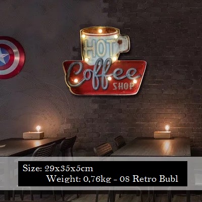 Bảng hộp đèn treo tường Hot Coffee Shop bóng led vàng retro vintage