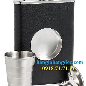 Bình inox bao da 8oz có ly inox xếp tiện dụng