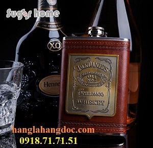 Bình rượu inox 9 oz bao da logo Jack Daniels