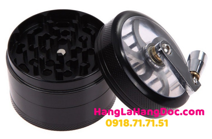 Dụng cụ xay thuốc lá sợi 60mm kim loại có cần quay tay (4 tầng)