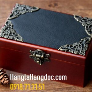 Hộp nhạc cót gỗ sồi, phủ da có gương soi kiểu cổ điển & tinh tế