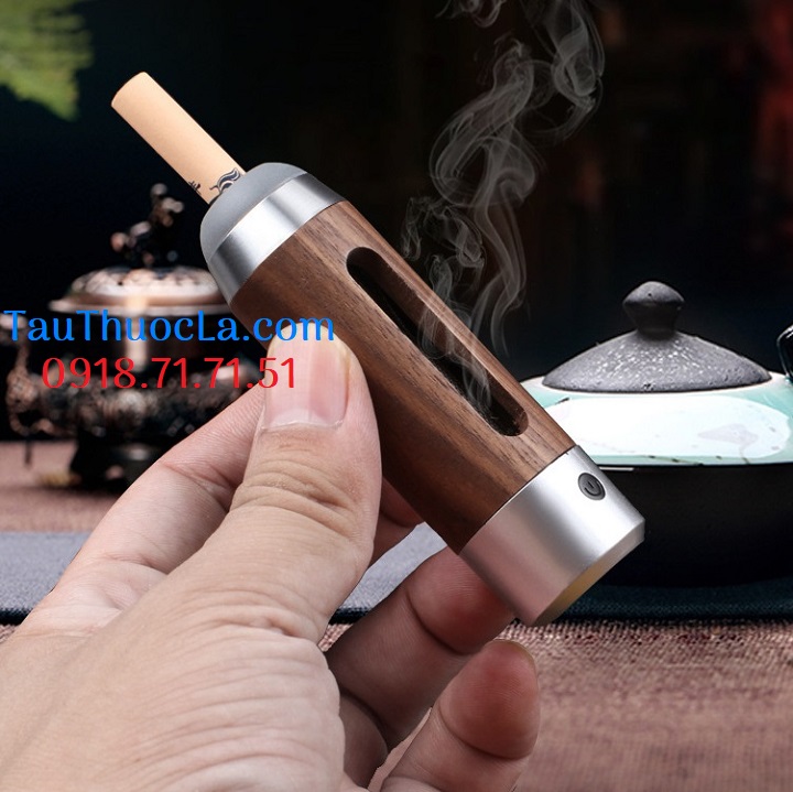 Ống gạt tàn mini có bật lửa điện sạc S-75 gỗ óc chó, 3 cỡ điếu